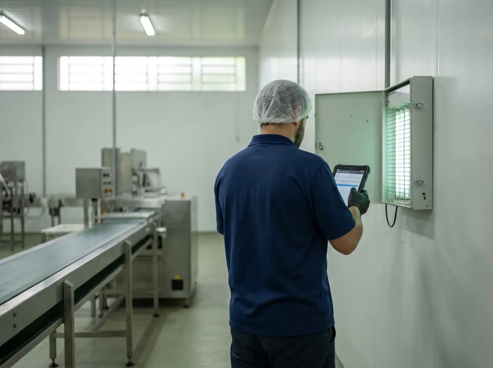 Técnico de touca e camisa azul-marinho, de costas, confere no tablet uma armadilha luminosa instalada na parede de uma área de produção de alimentos com esteiras de inox.
