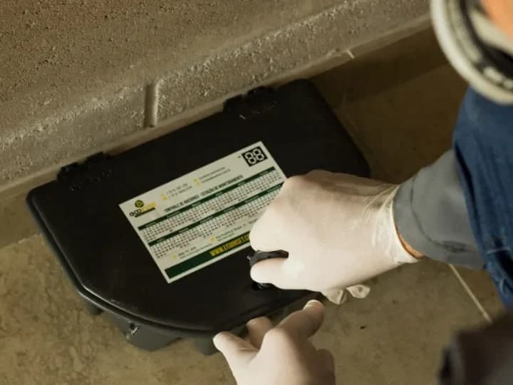 Técnico da Ecoinset, de luvas, confere a etiqueta de controle de uma estação de monitoramento de roedores rente à parede.